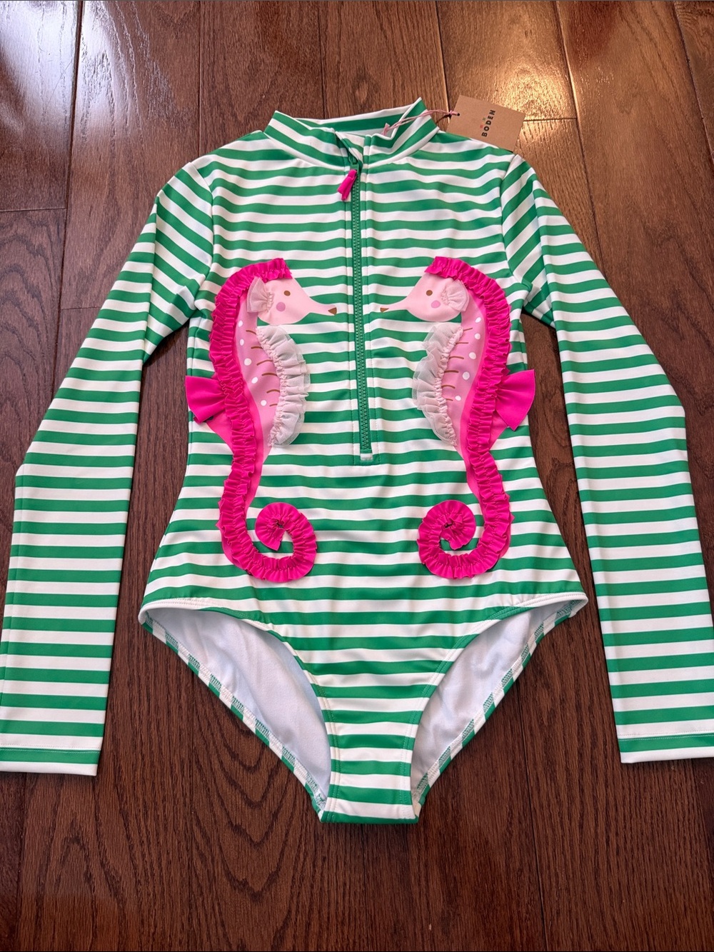 Mini Boden Green and White Striped Long Sleeve Swimsuit with Hot Pink Seahorses